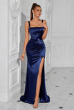 Simple Navy Mermaid Ruched Long Prom Dress with Slit