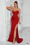 Simple Red Corset Mermaid Strapless Long Prom Dress with Slit