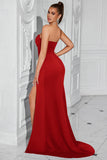 Simple Red Corset Mermaid Strapless Long Prom Dress with Slit