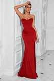 Simple Red Corset Mermaid Strapless Long Prom Dress with Slit