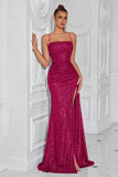Sparkly Golden Sequin Spaghetti Straps Long Prom Dress with Slit