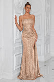 Sparkly Golden Sequin Spaghetti Straps Long Prom Dress with Slit