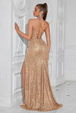 Sparkly Golden Sequin Spaghetti Straps Long Prom Dress with Slit