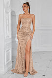 Sparkly Golden Sequin Spaghetti Straps Long Prom Dress with Slit
