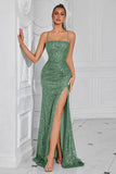 Sparkly Golden Sequin Spaghetti Straps Long Prom Dress with Slit