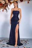 Sparkly Golden Sequin Spaghetti Straps Long Prom Dress with Slit