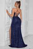 Sparkly Golden Sequin Spaghetti Straps Long Prom Dress with Slit