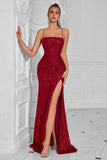 Sparkly Golden Sequin Spaghetti Straps Long Prom Dress with Slit