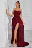 Sparkly Burgundy Sequin Sweetheart Long Prom Dress with Side Cape