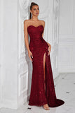 Sparkly Burgundy Sequin Sweetheart Long Prom Dress with Side Cape