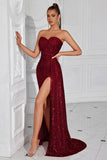 Sparkly Burgundy Sequin Sweetheart Long Prom Dress with Side Cape