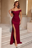 Simple Burgundy Off the Shoulder Mermaid Long Prom Dress with Slit