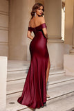 Simple Burgundy Off the Shoulder Mermaid Long Prom Dress with Slit