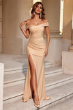 Simple Burgundy Off the Shoulder Mermaid Long Prom Dress with Slit