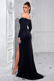 Sparkly Black Off the Shoulder Long Sleeves Prom Dress with Slit