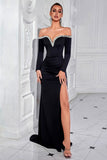 Sparkly Black Off the Shoulder Long Sleeves Prom Dress with Slit