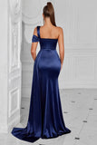 Navy One Shoulder Mermaid Long Prom Dress with Side Cape