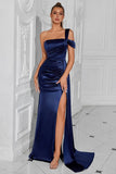 Navy One Shoulder Mermaid Long Prom Dress with Side Cape