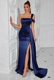 Navy One Shoulder Mermaid Long Prom Dress with Side Cape