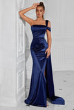 Navy One Shoulder Mermaid Long Prom Dress with Side Cape