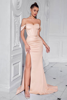 Blush Mermaid Corset Off the Shoulder Long Prom Dress with Slit