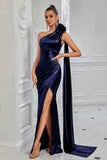 Navy One Shoulder Mermaid Ruched Long Prom Dress with 3D Flower