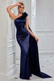 Navy One Shoulder Mermaid Ruched Long Prom Dress with 3D Flower