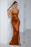 Dark Green Ruched Spaghetti Straps Long Prom Dress with Slit