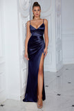 Dark Green Ruched Spaghetti Straps Long Prom Dress with Slit