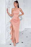 Black One Shoulder Ruffled Mermaid Long Prom Dress with Slit