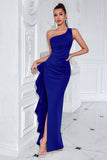 Black One Shoulder Ruffled Mermaid Long Prom Dress with Slit
