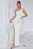 Black One Shoulder Ruffled Mermaid Long Prom Dress with Slit
