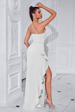 Black One Shoulder Ruffled Mermaid Long Prom Dress with Slit