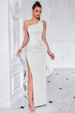 Black One Shoulder Ruffled Mermaid Long Prom Dress with Slit