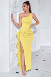 Black One Shoulder Ruffled Mermaid Long Prom Dress with Slit