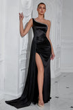 Sparkly Black Mermaid One Shoulder Long Prom Dress with Side Cape