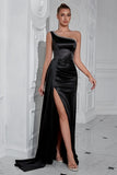 Sparkly Black Mermaid One Shoulder Long Prom Dress with Side Cape