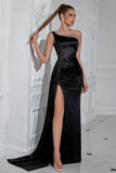 Sparkly Black Mermaid One Shoulder Long Prom Dress with Side Cape