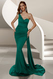 Dark Green Satin Mermaid One Shoulder Ruched Long Prom Dress with Side Cape