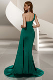 Dark Green Satin Mermaid One Shoulder Ruched Long Prom Dress with Side Cape