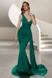 Dark Green Satin Mermaid One Shoulder Ruched Long Prom Dress with Side Cape