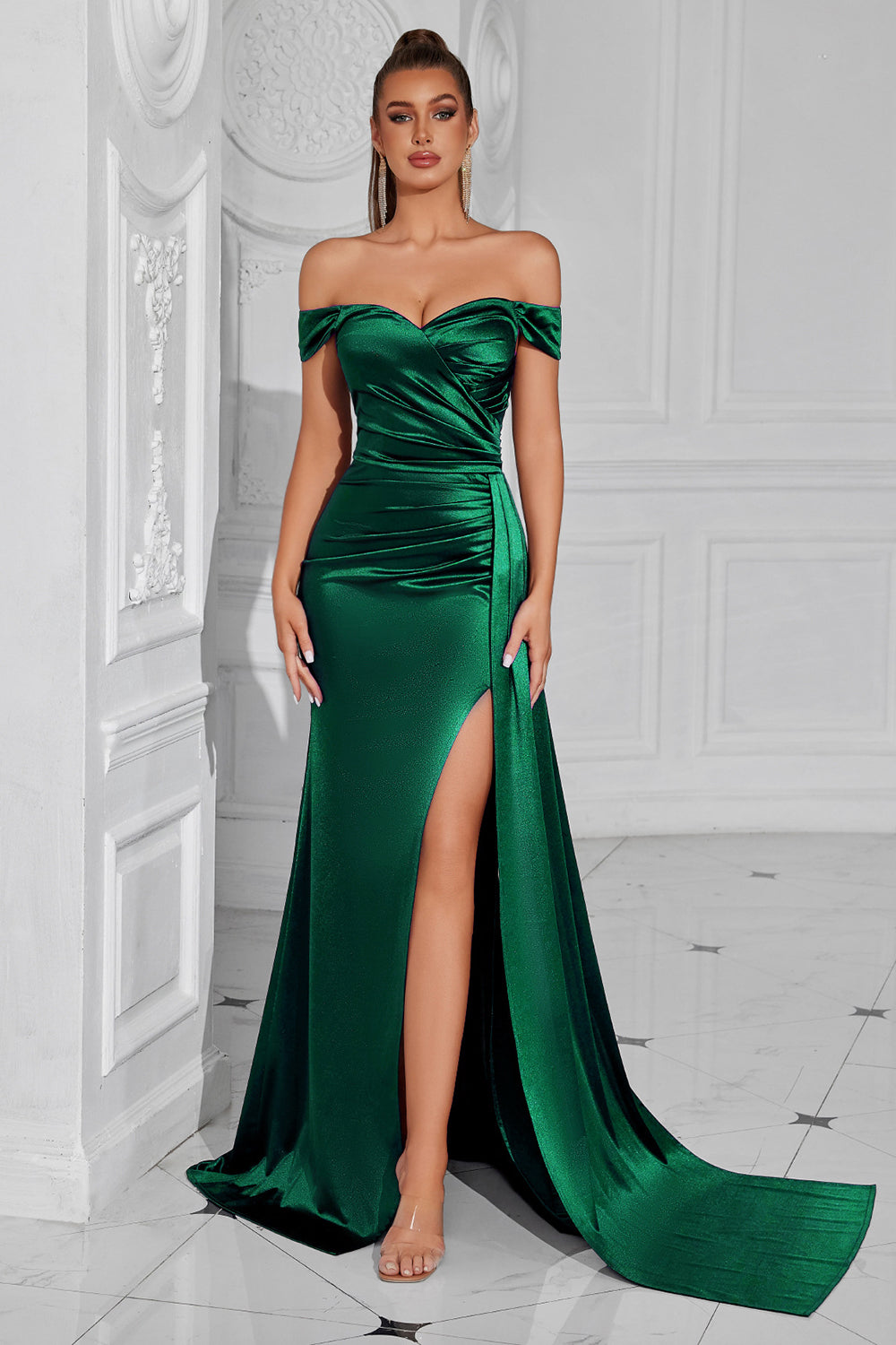 Dark Green Mermaid Off The Shoulder Ruched Long Prom Dress with Slit