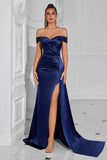Dark Green Mermaid Off The Shoulder Ruched Long Prom Dress with Slit