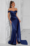 Dark Green Mermaid Off The Shoulder Ruched Long Prom Dress with Slit