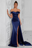 Dark Green Mermaid Off The Shoulder Ruched Long Prom Dress with Slit