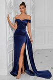 Dark Green Mermaid Off The Shoulder Ruched Long Prom Dress with Slit