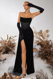 Black Velvet Sheath Strapless Ruched Long Corset Prom Dress with Slit