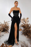 Black Velvet Sheath Strapless Ruched Long Corset Prom Dress with Slit