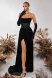 Black Velvet Sheath Strapless Ruched Long Corset Prom Dress with Slit