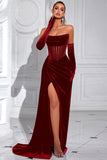 Black Velvet Sheath Strapless Ruched Long Corset Prom Dress with Slit